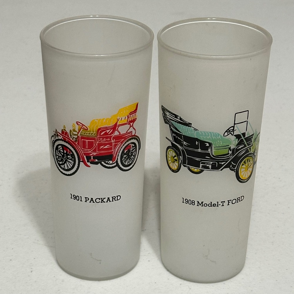 Vintage Whiskey Highball Glasses White Frosted Antique Car Packard & Ford Set 2